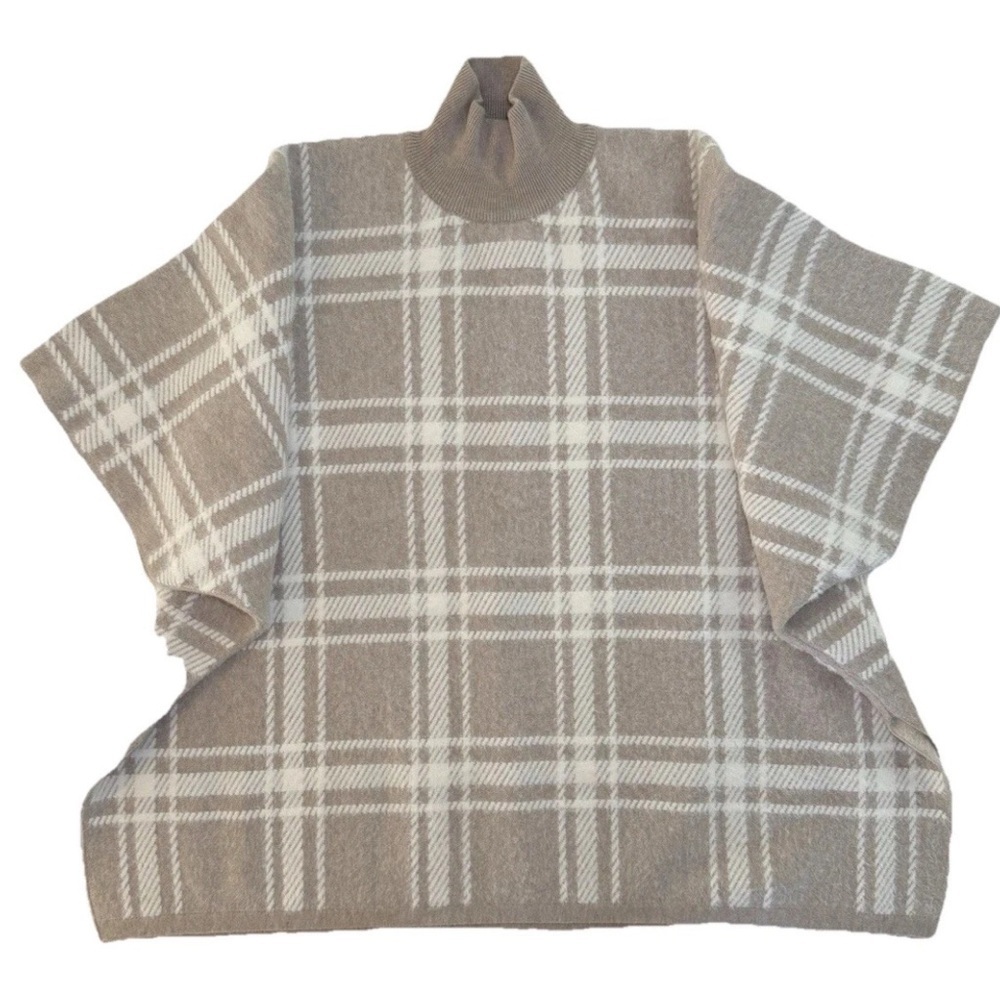 Rachel Zoe Tan White Plaid Heavy Turtleneck Sweater Poncho One Size Super Soft - Picture 3 of 6